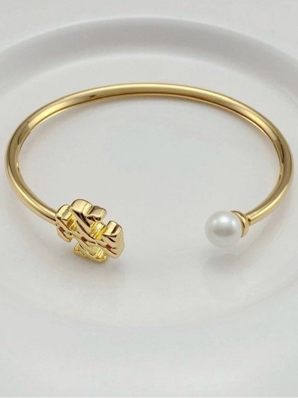 Tory Burch Gold Open Cuff Bracelet with White Pearl Accent
